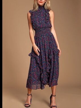 Lulu’s Evalina Floral Ruffle Midi Dress - blue pink size XS high neck sleeveless